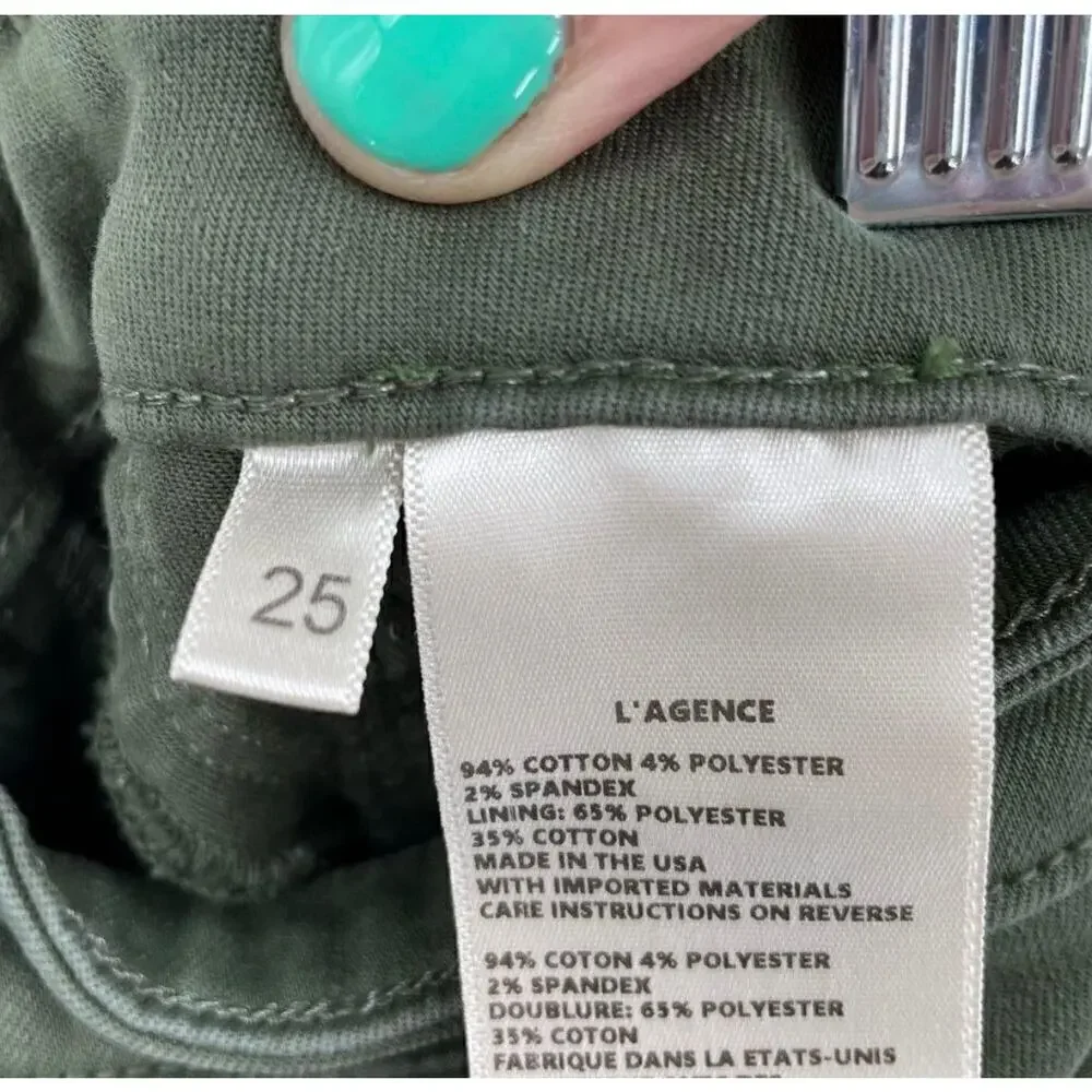 L’AGENCE Margot High Rise Skinny Jeans Meadow Green Raw Hem Stretch Size 25
